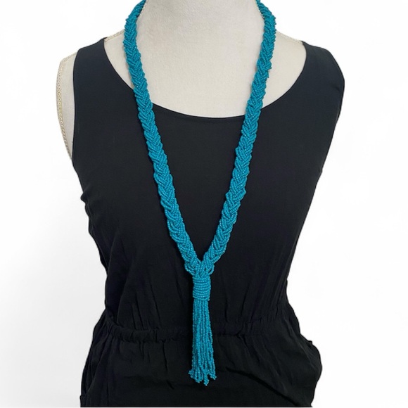 Jewelry - 80s Teal Seed Beaded Braided Tassel Necklace